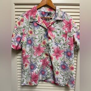 Bobbie Brooks Womens XL Floral Hawaiian Shirt Coral Pink Purple Tropical Beach